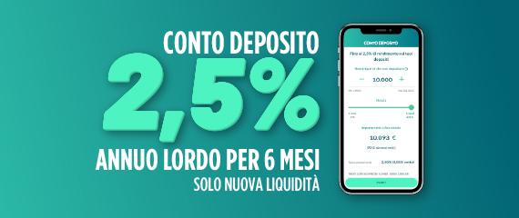 sfondo verde con scritta "conto deposito 2,75% annuo lordo per 6 mesi solo per nuova liquidità" | Crédit Agricole sfondo verde con scritta "conto deposito 2,75% annuo lordo per 6 mesi solo per nuova liquidità" | Crédit Agricole