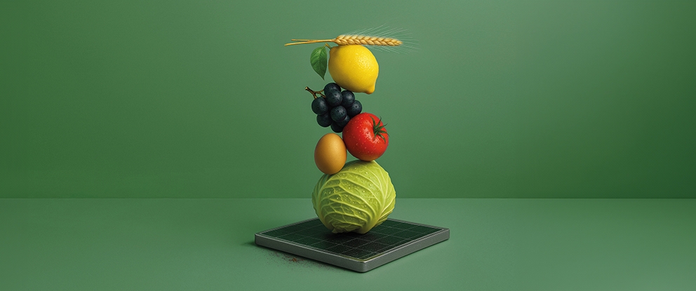 frutta e verdura in fila stile natura morta su sfondo verde | Crédit Agricole frutta e verdura in fila stile natura morta su sfondo verde | Crédit Agricole