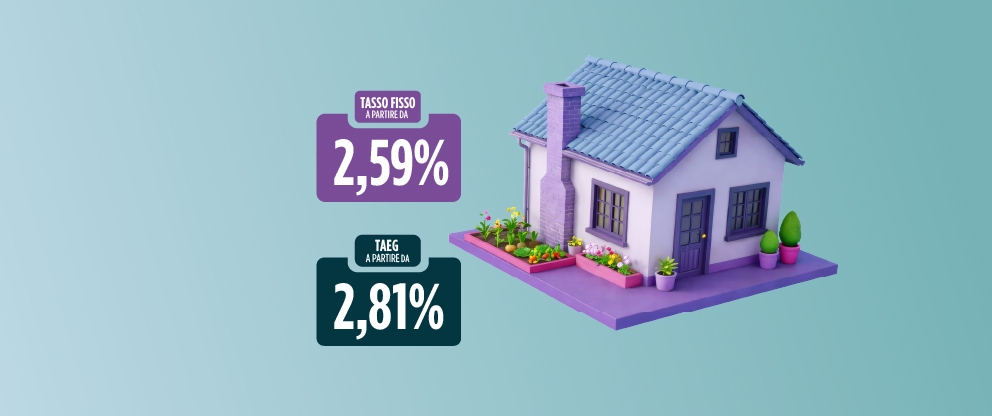 sfondo azzurro con elementi grafici foglie case e cubi: tasso fisso mutuo 2,59% e TAEG 2,81% | Crédit Agricole sfondo azzurro con elementi grafici foglie case e cubi: tasso fisso mutuo 2,59% e TAEG 2,81% | Crédit Agricole