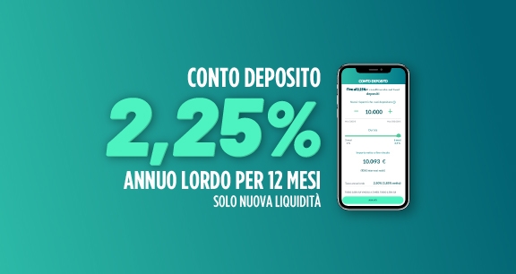 sfondo verde con scritta "conto deposito 2,25% annuo lordo per 12 mesi solo per nuova liquidità" | Crédit Agricole sfondo verde con scritta "conto deposito 2,25% annuo lordo per 12 mesi solo per nuova liquidità" | Crédit Agricole